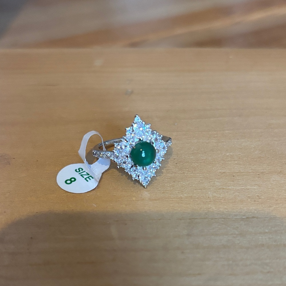 Elegant Silver and Green Gemstone Ring - Bomb Party Ring size 8